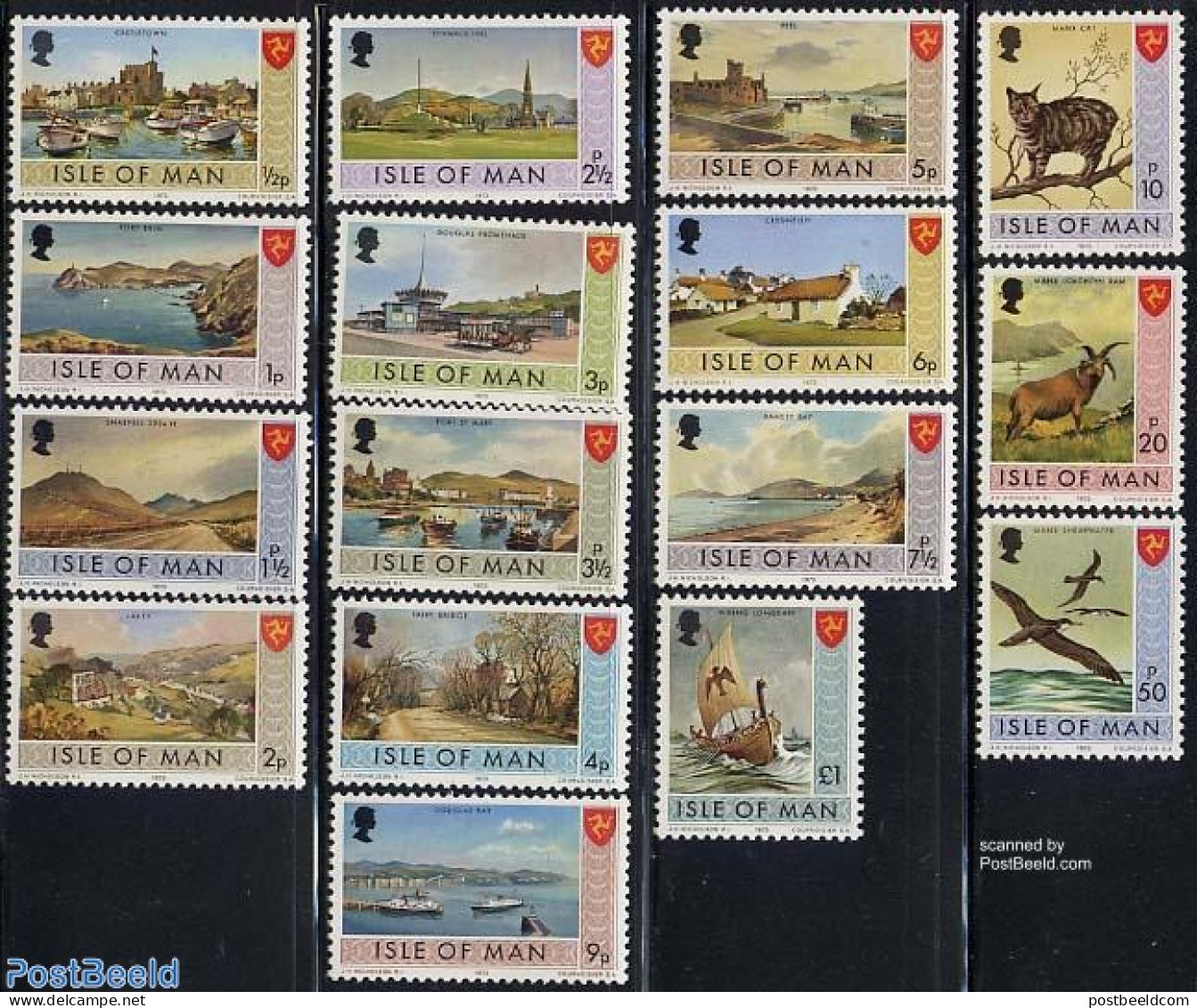 Isle Of Man 1973 Definitives 16v, Mint NH, Nature - Transport - Various - Birds - Cats - Ships And Boats - Lighthouses.. - Ships