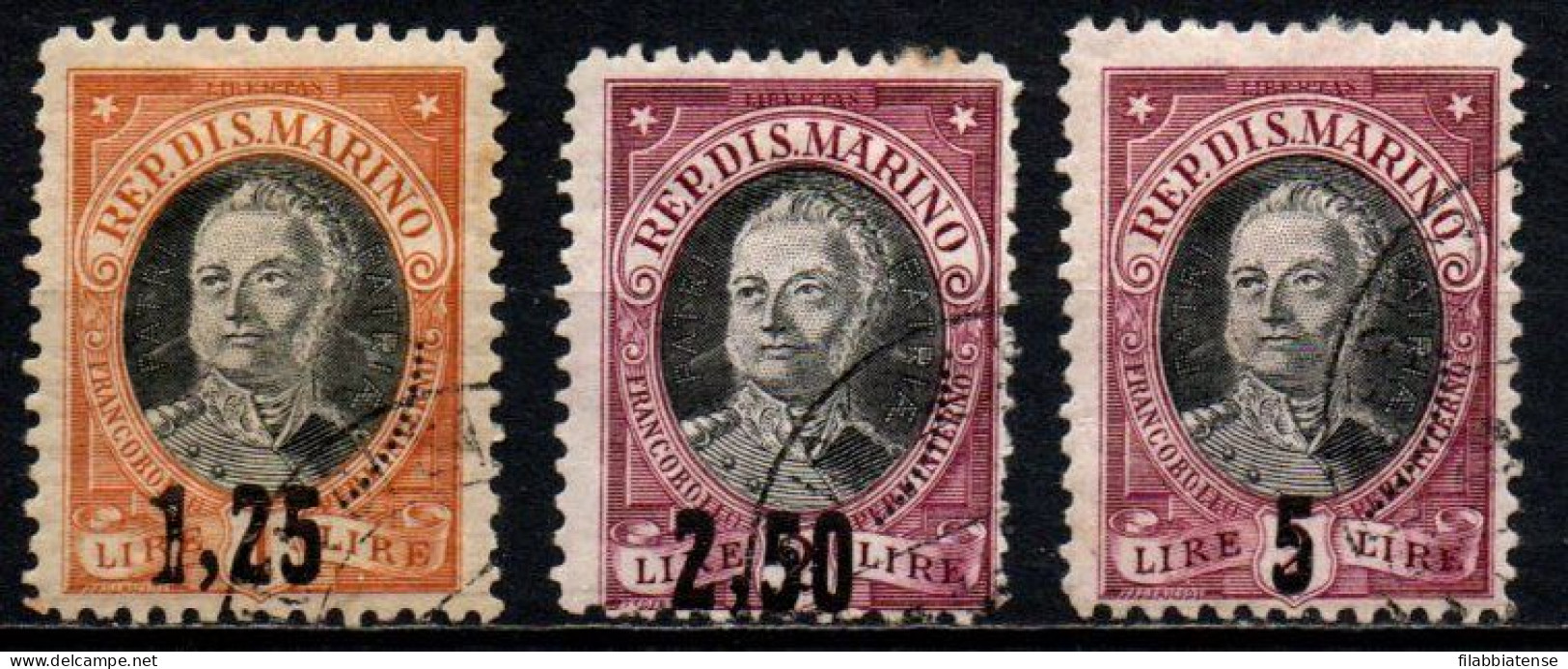 1927 - San Marino 130/32 Onofri - Soprastampati  ++++++ - Usados