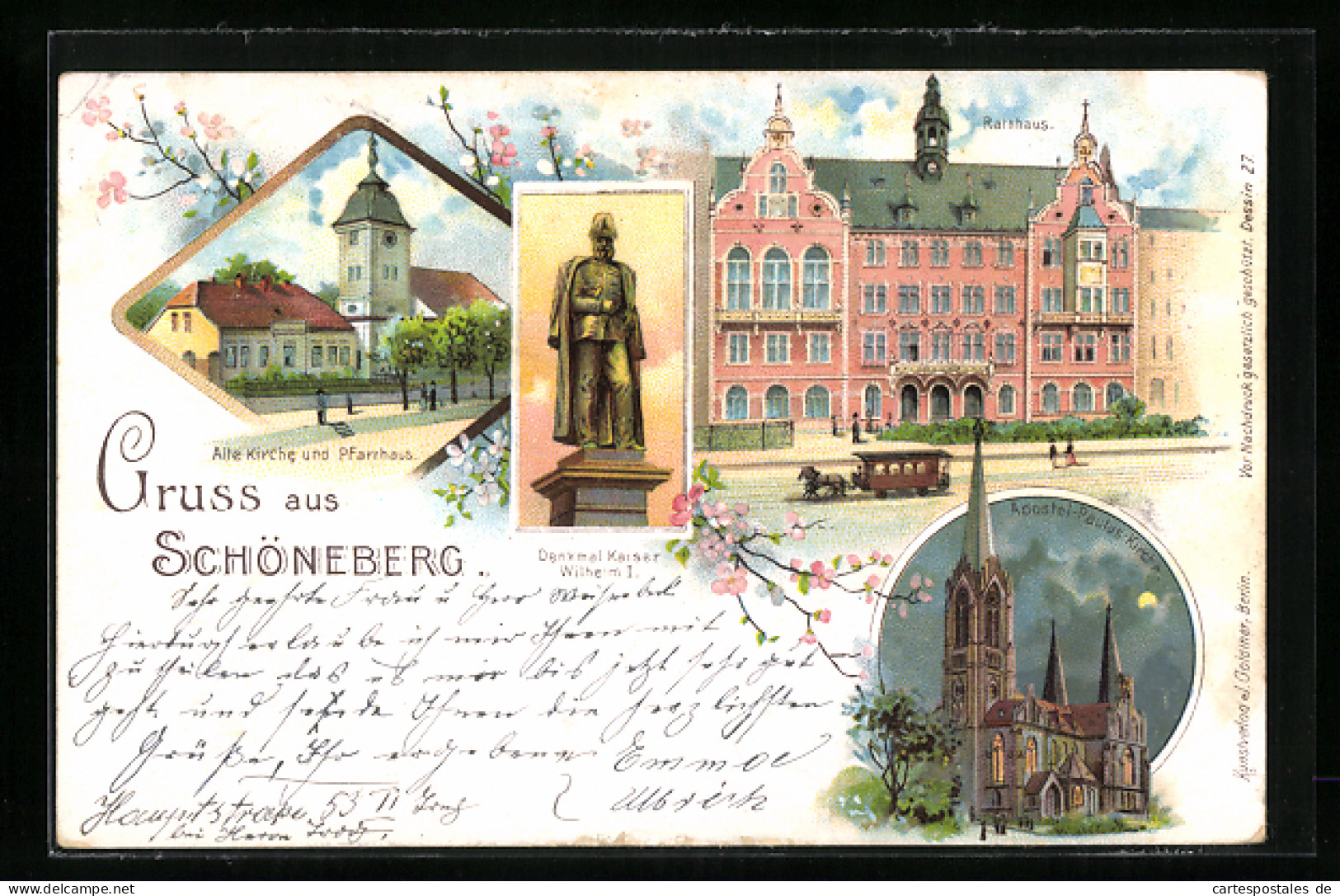 Lithographie Berlin-Schöneberg, Partie Am Rathaus, Alte Kirche Und Pfarrhaus, Denkmal Kaiser Wilhelm I.  - Schoeneberg