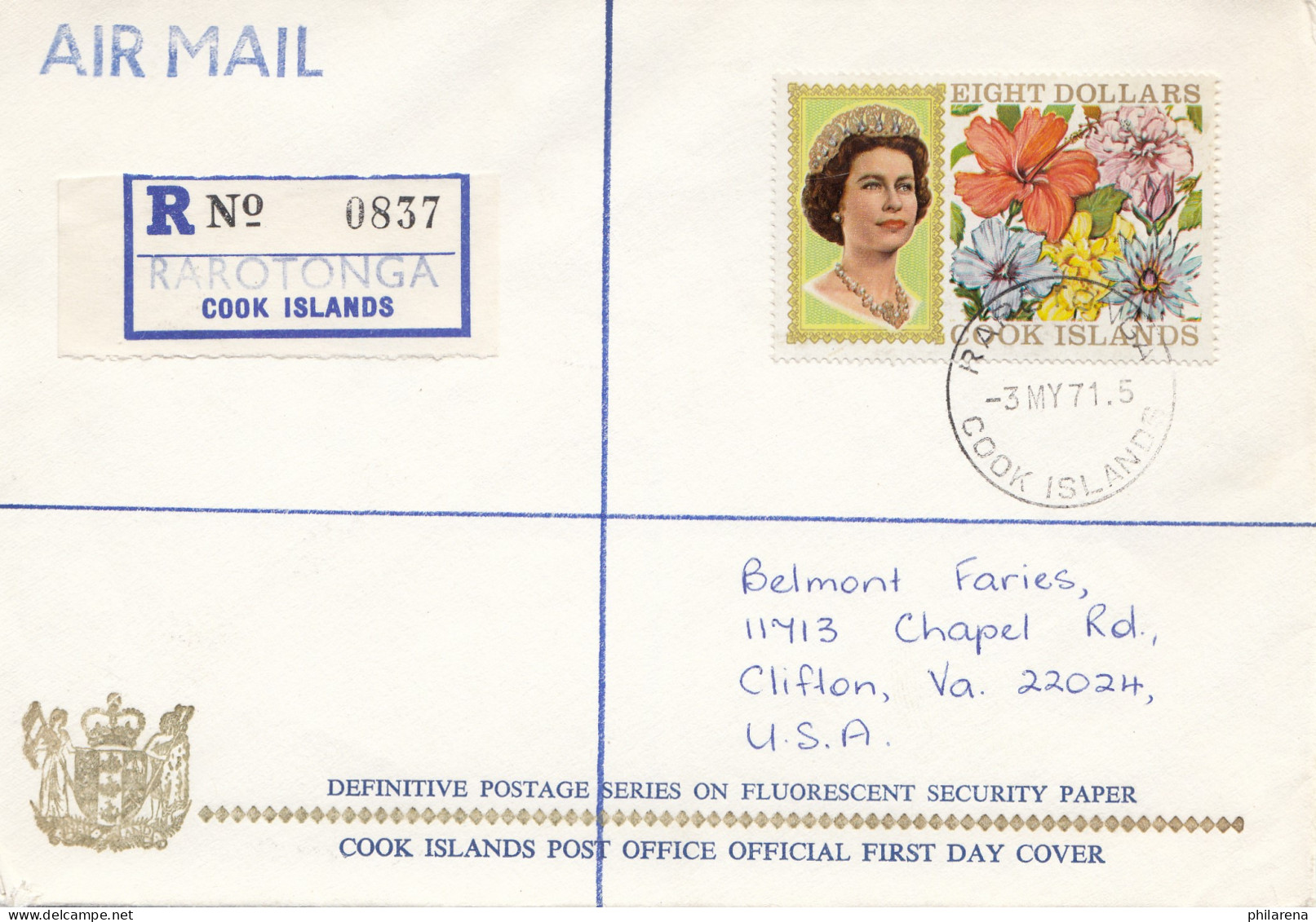 Cook Islands, Registered To USA, 1971 From Rarotonga - Islas Cook