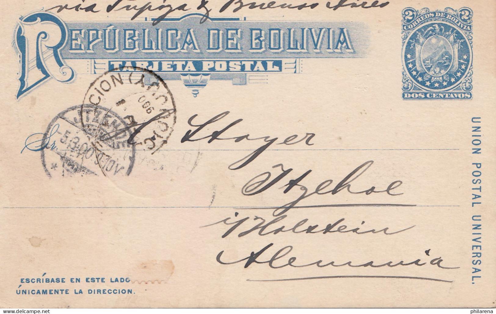 Bolivia/Bolivien: 1900: Post Card To Itzehohe - Bolivie