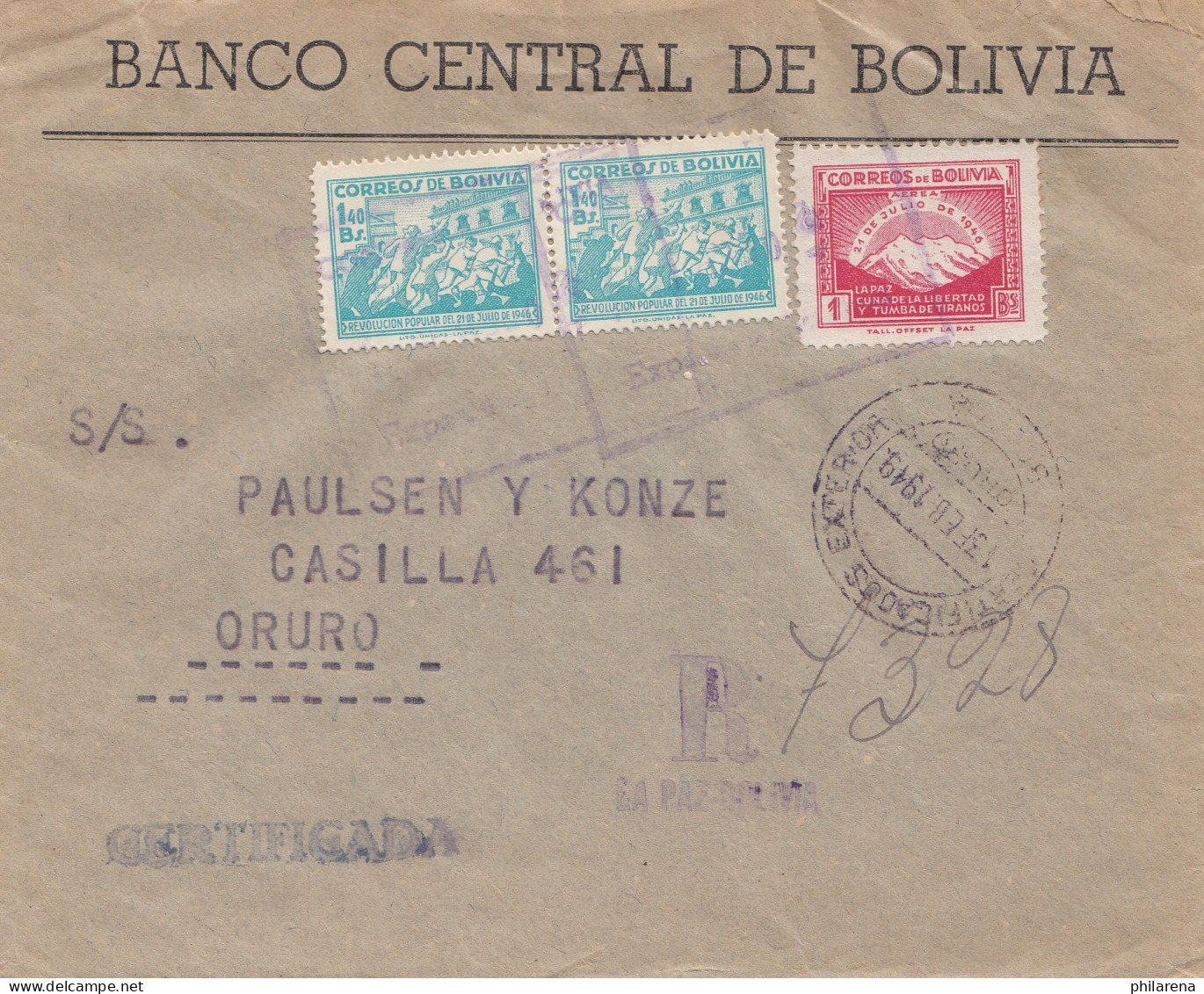 Bolivia/Bolivien: Registered To Oruro 1949 - Bolivie