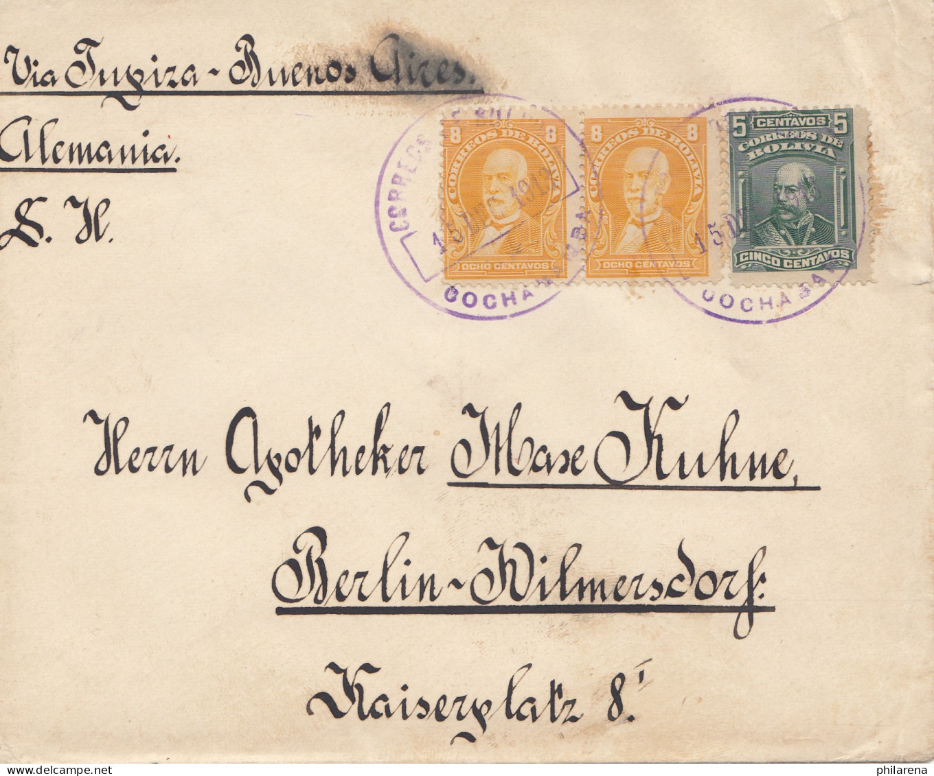 Bolivia/Bolivien: 1913 Cochabamba Via Buenos Aires To Berlin Wilmersdorf - Bolivien