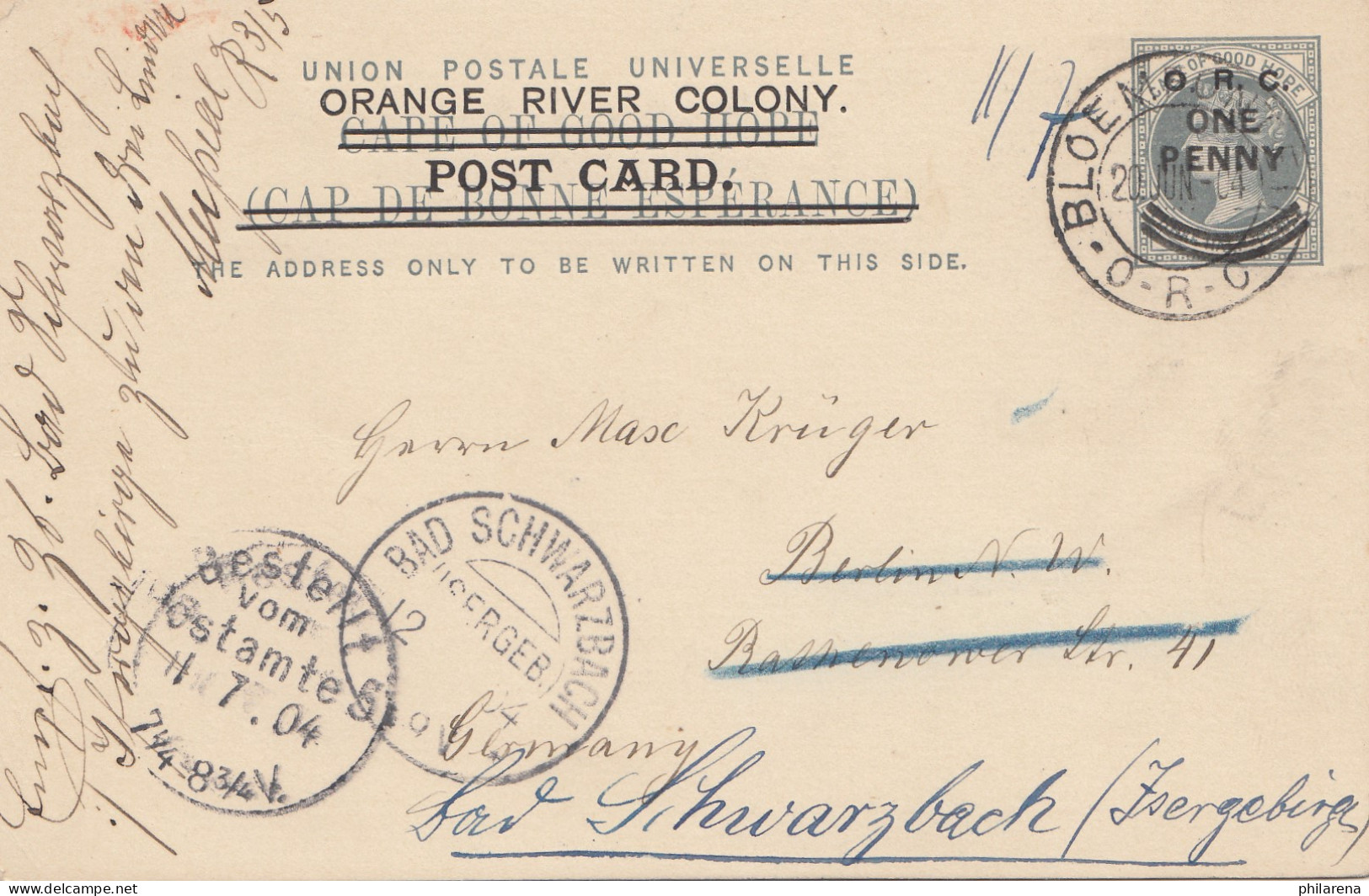 Cape Of Good Hope: 1904 Orange River Colony-post Card To Germany-Bad Schwarzbach - Autres & Non Classés