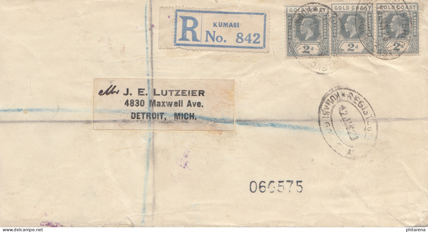 Gold Coast 1928: Registered Letter Kumasi To USA Detroit - Ghana (1957-...)