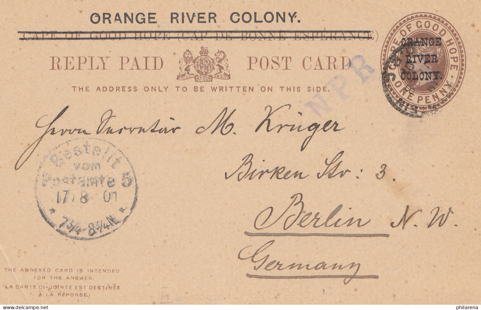 Cape Of Good Hope: 1901: Post Card Reply Orange River Colony To Berlin - Other & Unclassified