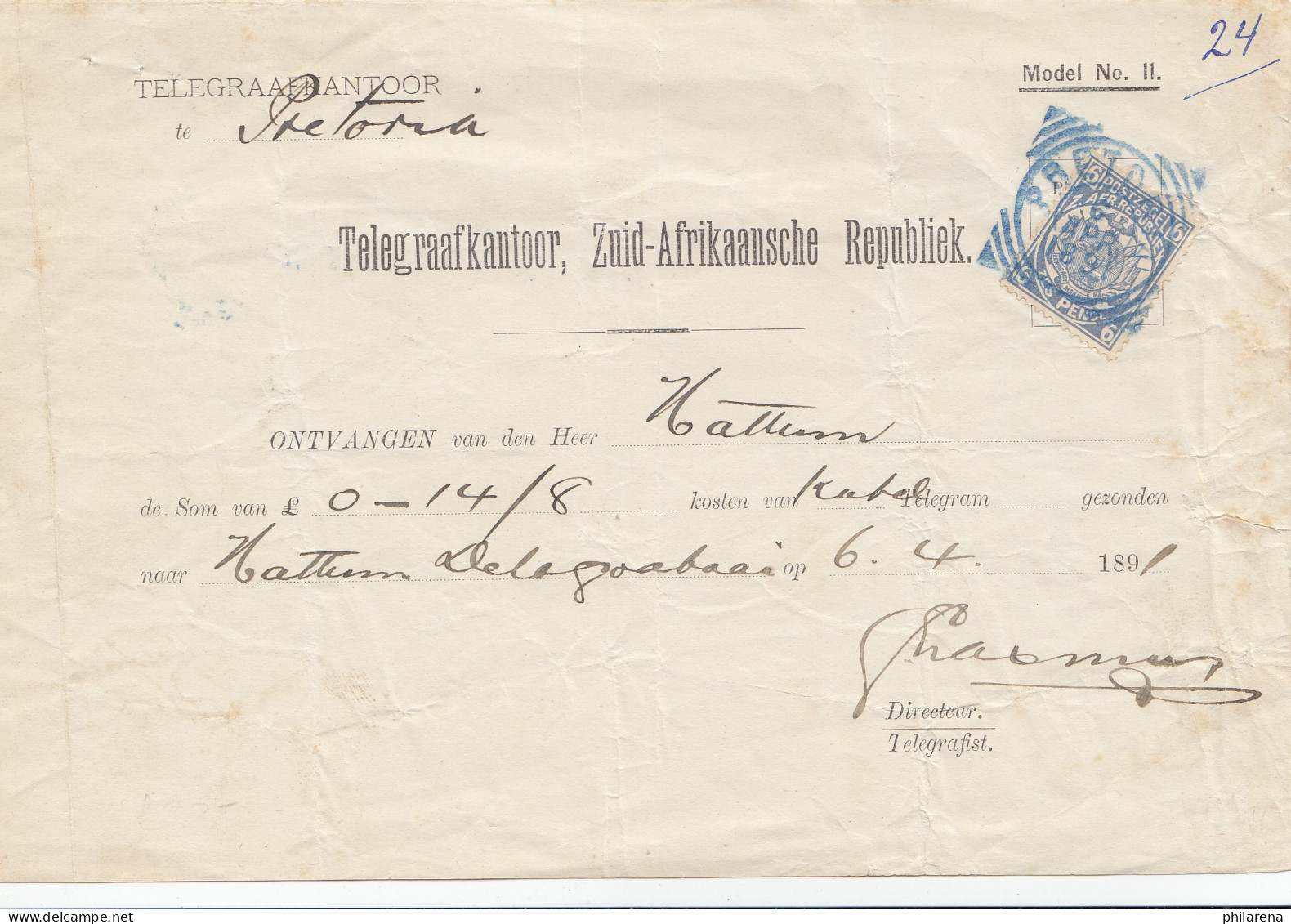 Zuid-Afrikaansche Republick - Telegram Ontvangen 1891 Pretoria - Other & Unclassified