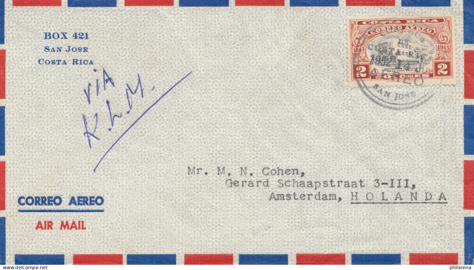Costa Rica: 1952: Air Mail San Jose To Amsterdam - Costa Rica