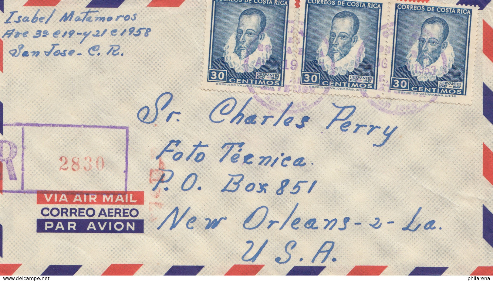 Costa Rica: 1953: Registered San Jose To New Orleans-2-LA. - Costa Rica