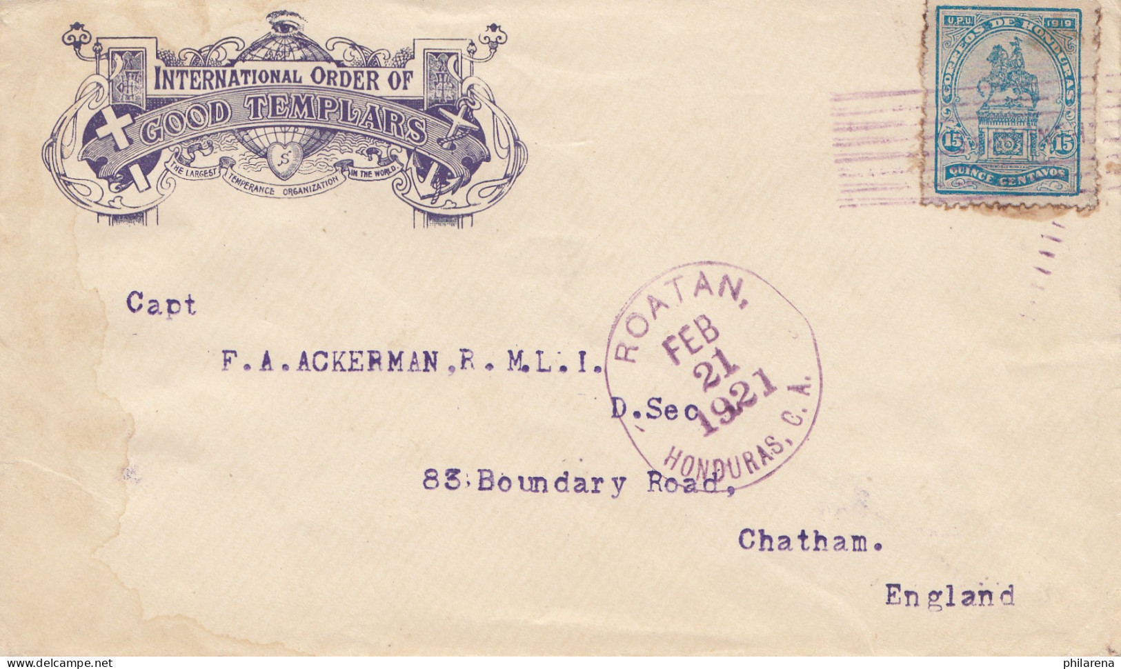 Honduras: 1921: Letter Roatan To Chatham In England - Honduras