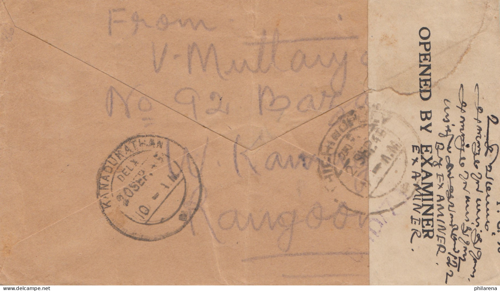 Burma: 1945: Letter To Kanadukathan, Censor - Myanmar (Birmanie 1948-...)