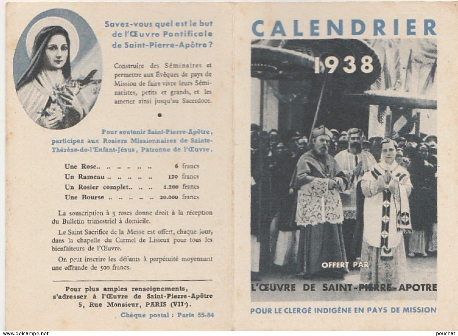 M9- CALENDRIER DE 1938 - OFFERT PAR L'OEUVRE DE SAINT PIERRE APOTRE - POUR LE CLERGE INDIGENE DE MISSION - (2 SCANS) - Tamaño Pequeño : 1921-40