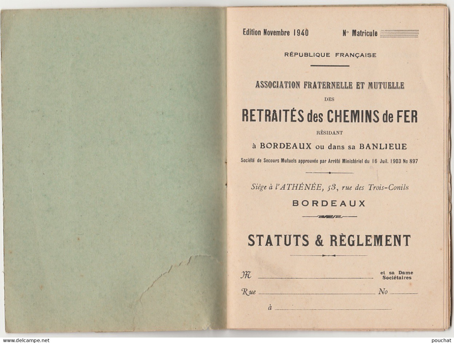 N6-  RETRAITES DES CHEMINS DE FER DE BORDEAUX OU DANS SA BANLIEU - STATUTS & REGLEMENT 1940  (2 SCANS) - Spoorwegen En Trams