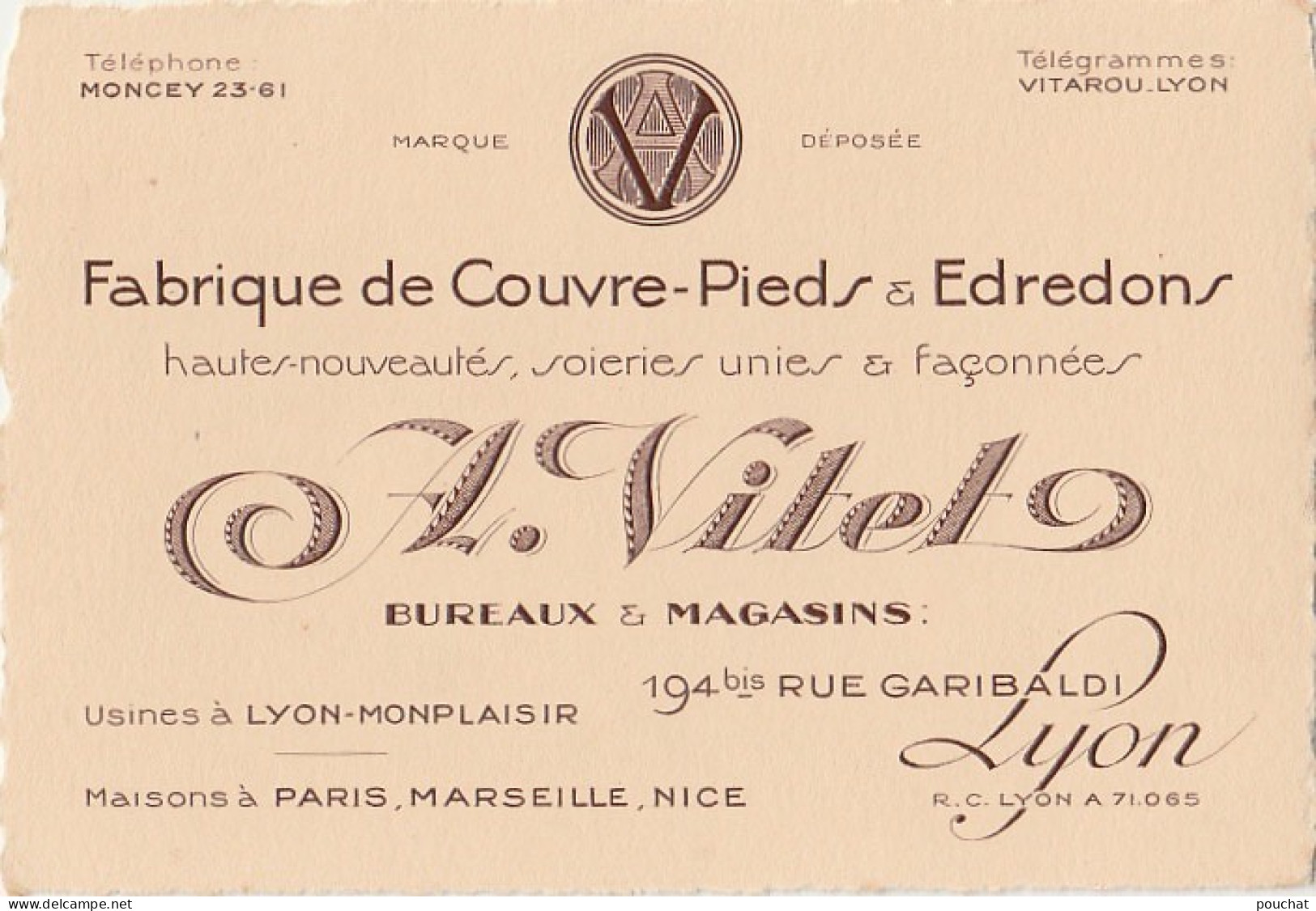 P7-69) LYON - A. VILET - FABRIQUE DE COUVRE PIEDS ET EDREDONS - BUREAUX & MAGASINS 194 BIS RUE GARIBALDI - 2 SCANS - Lyon 3