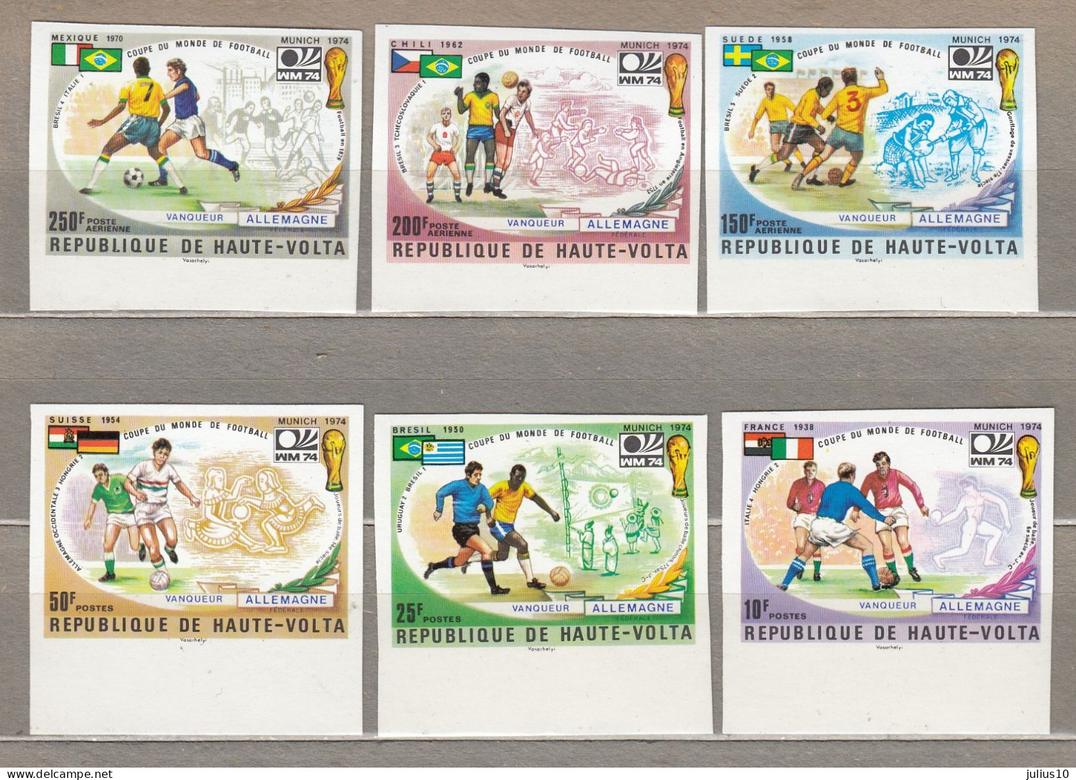 HAUTE VOLTA Imperforated 1974 Sport Football Soccer World Cup Mi 524-529, Sc 335-337 MNH (**) #33929 - Alto Volta (1958-1984)