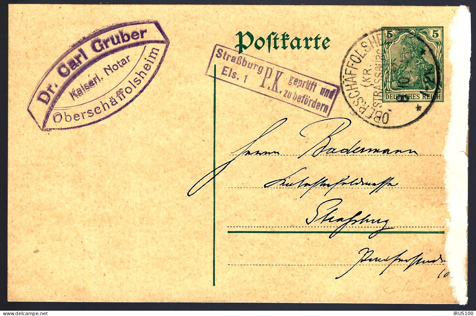 ENTIER POSTAL OBERSCHÄFOLSHEIM - 1915 - CENSURE STRASBOURG POUR STRASBOURG - Other & Unclassified