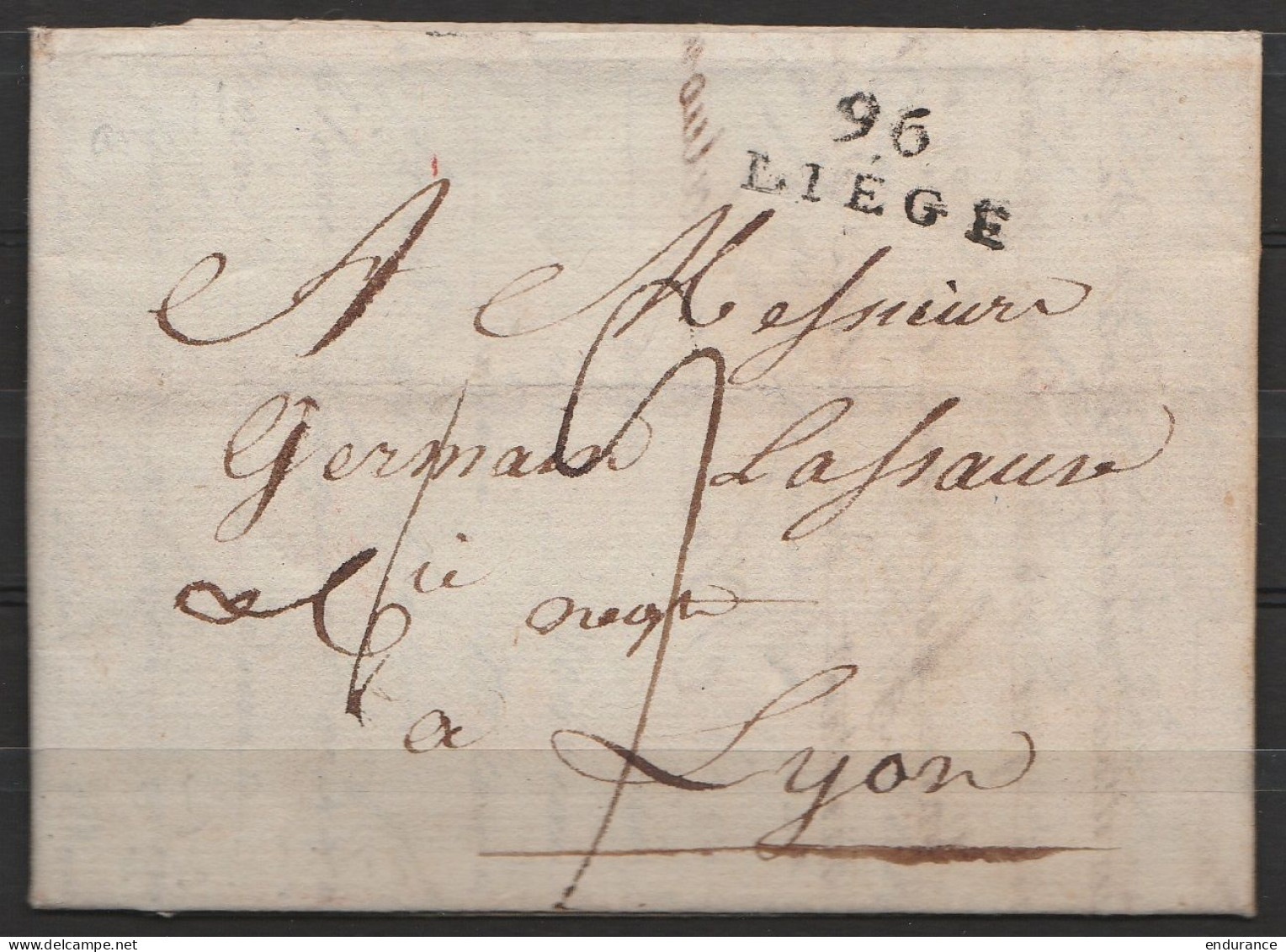 L. Datée 6 Pluviose An 11 (1812) De LIEGE Pour Négociant à LYON - Griffe "96/LIEGE" - Port "5" - 1794-1814 (Période Française)