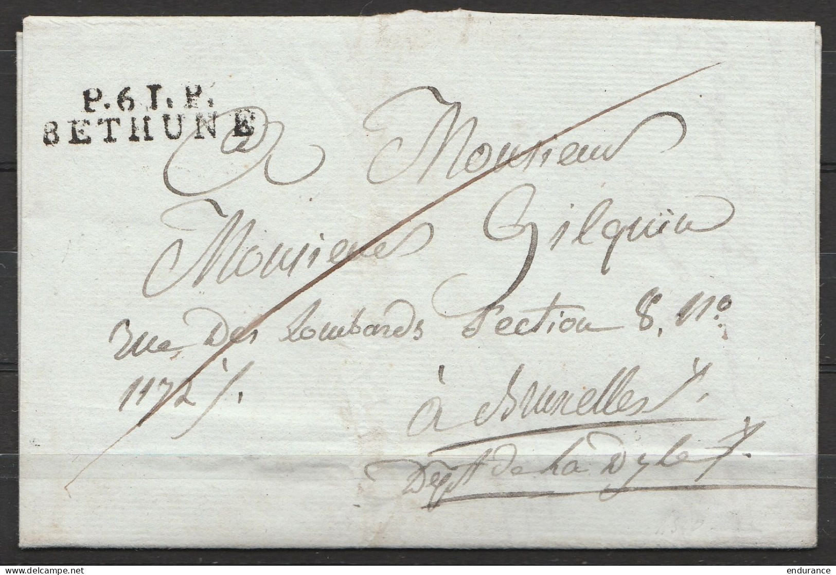 L. Datée 16 Messidor AN 12 (1804) De BETHUNE Pour BRUXELLES - Griffe "P.6.T.P. ?/BETHUNE" - 1794-1814 (Französische Besatzung)