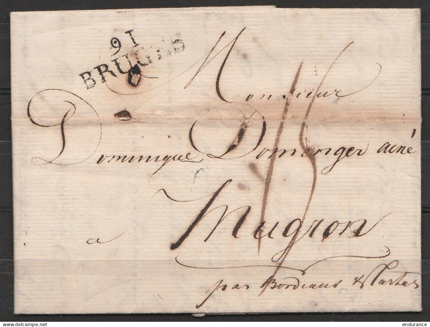 L. Datée 10 Messidor An 6 (1797) De BRUGES Pour MUGRON Par Bordeaux - Griffe "91/BRUGES" - Port "15" - 1794-1814 (Französische Besatzung)