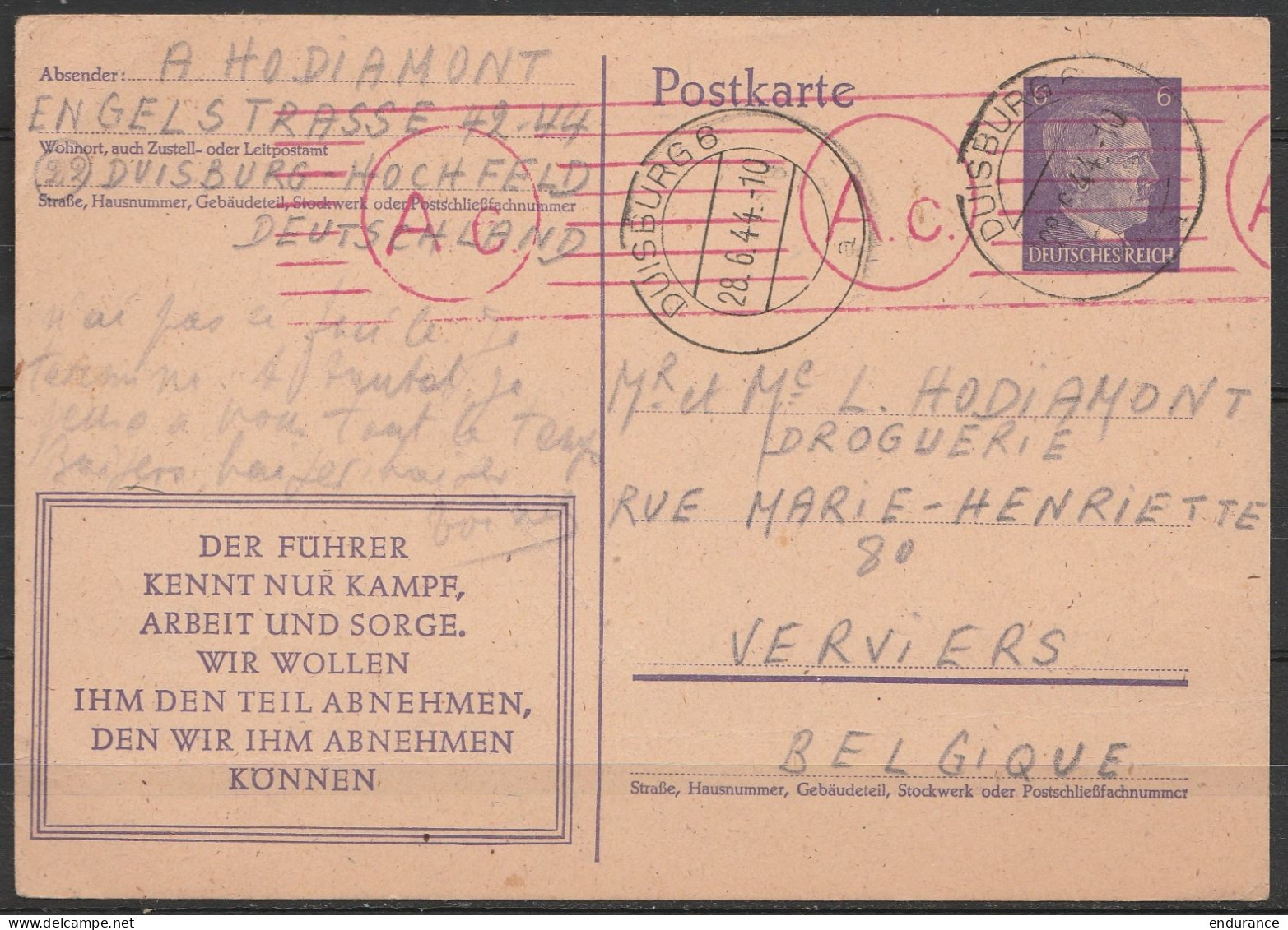 EP Poskarte 6pf Violet - Càd DUISBURG /28.6.1944 De Prisonnier Dans Camp De Travail Pour VERVIERS - Repiqué "Der Führer  - Weltkrieg 1939-45 (Briefe U. Dokumente)