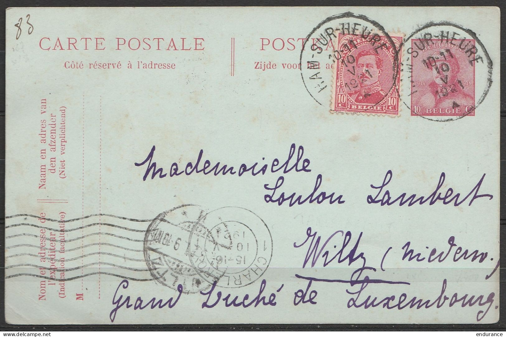 EP 10c Rouge Casqué + N°138 Càd HAM-SUR-HEURE /10 V 1921 Pour WILTZ (Luxembourg) (tarif Réduit) - Cartes Postales 1909-1934