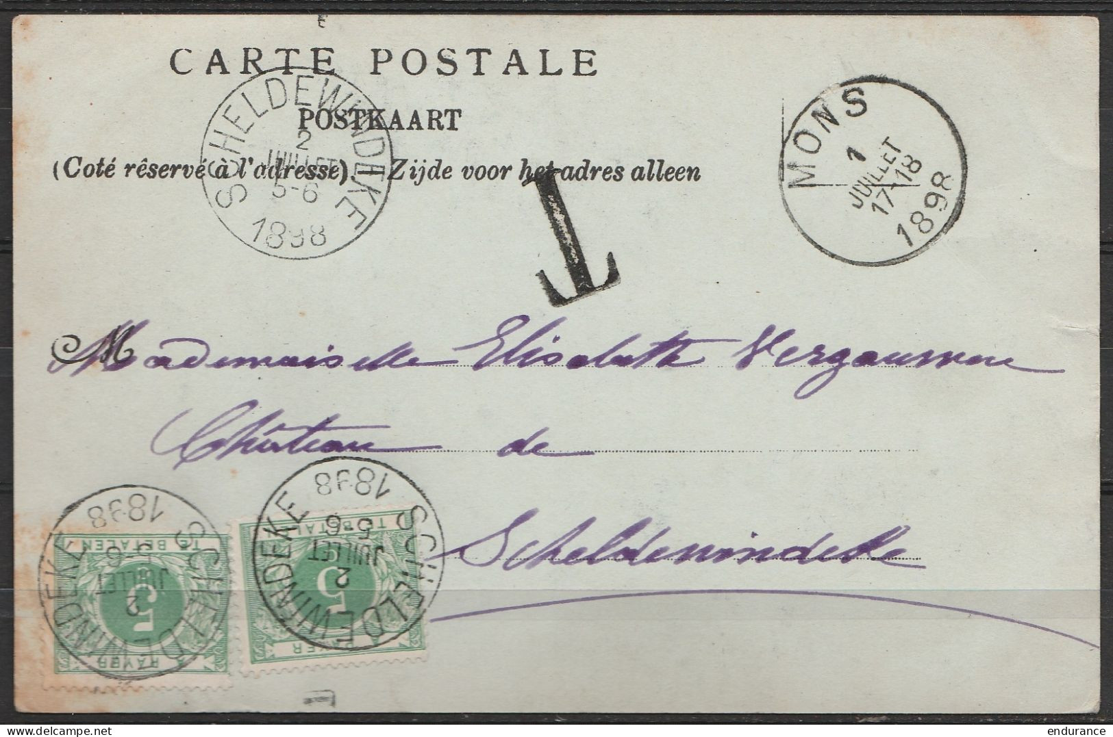 CP Mons Non-affr. Càd MONS /1 JUILLET 1898 Pour Et Taxée 10c à (Château) SCHELDEWINDEKE - Lettres & Documents
