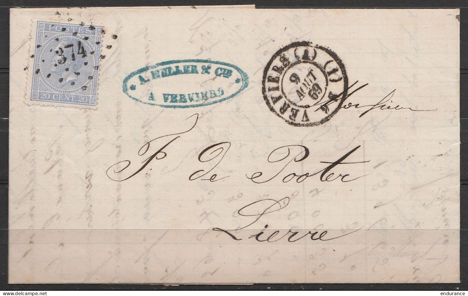 L. Affr. N°18a Lpts 374 Càd VERVIERS (A)/9 AOUT 1869 Pour LIERRE (au Dos: Càd LIERRE) - 1865-1866 Profil Gauche