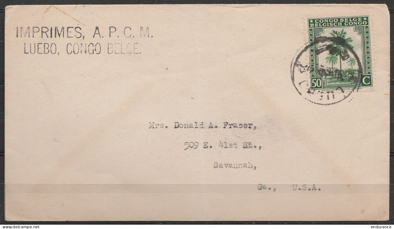 Congo Belge - L. Affr.50c Càd LUEBO /5 JUIL 1945 Pour SAVANNAH (USA) (au Dos: Càd ELISABETHVILLE) - Covers & Documents