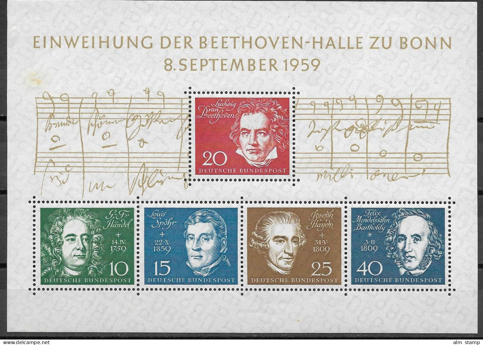 1959 Germany  Deutschland  Mi.Bl 2 **MNH Komponisten  Einweihung Der Beethovenhalle Bonn. - 1959-1980