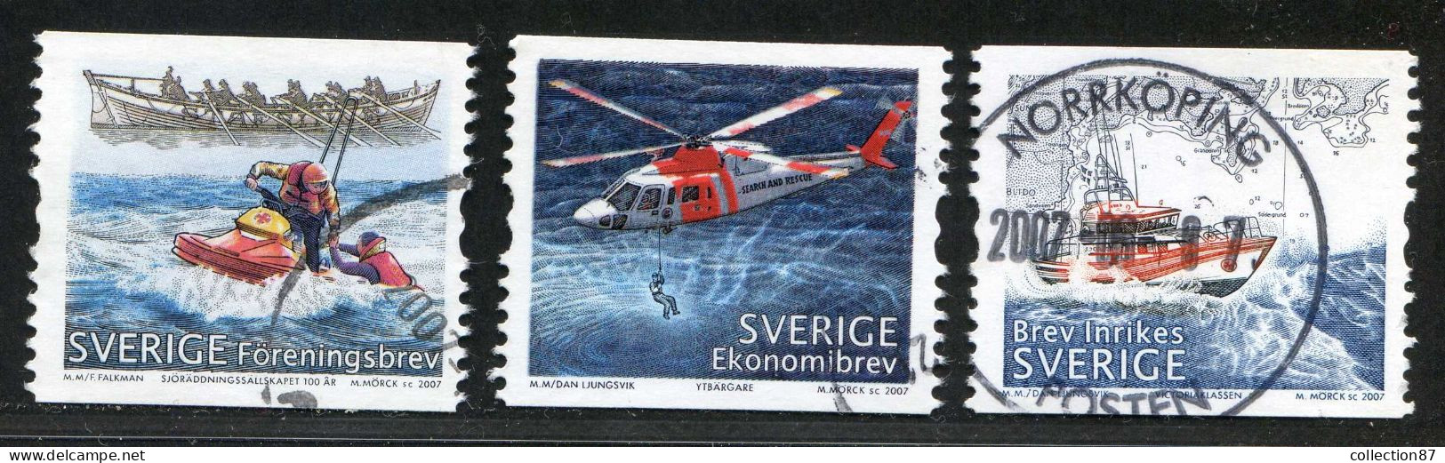 Réf 77 < SUEDE Année 2007 < Yvert N° 2562 à 2564 Ø Used < SWEDEN < Sauvetage En Mer > Hélicoptère  Jet-ski  Vedette - Used Stamps