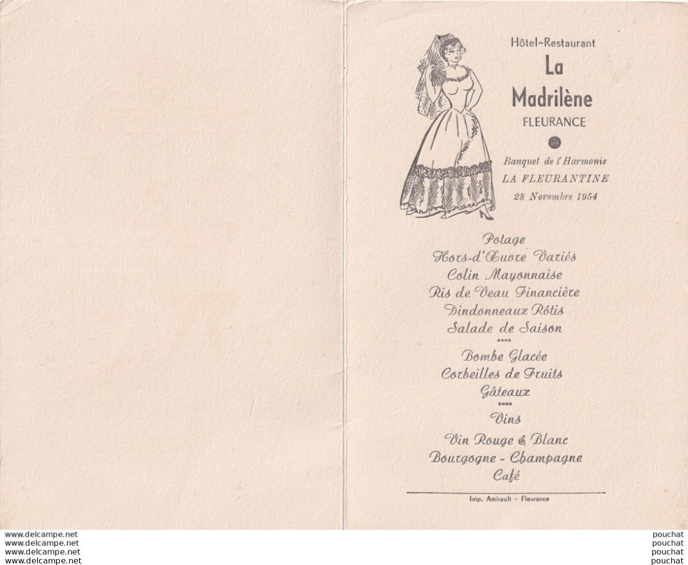 FLEURANCE - HOTEL RESTAURANT LA MADRILENE - BANQUET DE L ' HARMONIE LA FLEURANTINE 28/11/1954 - MENU MR BEGUE - 2 SCANS - Menu