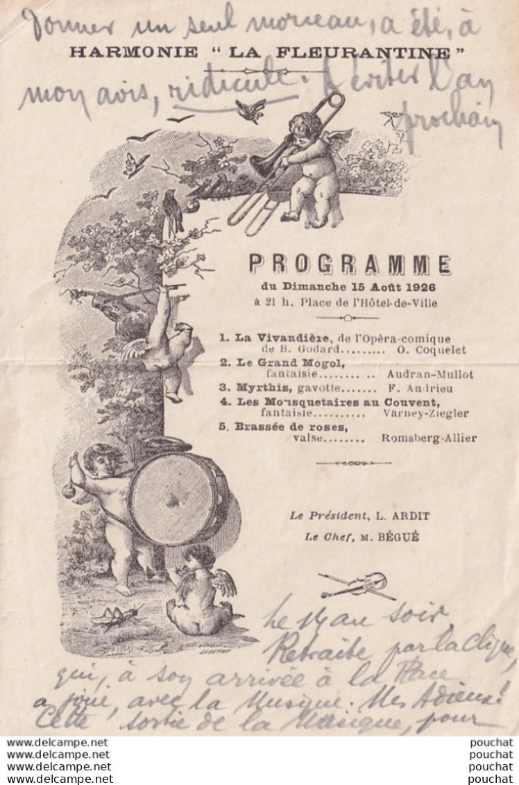 FLEURANCE - HARMONIE " LA FLEURANTINE " PROGRAMME DU DIMANCHE 26 SEPTEMBRE 1926 - A 21H30  PLACE DE L ' HOTEL DE VILLE - Programmes