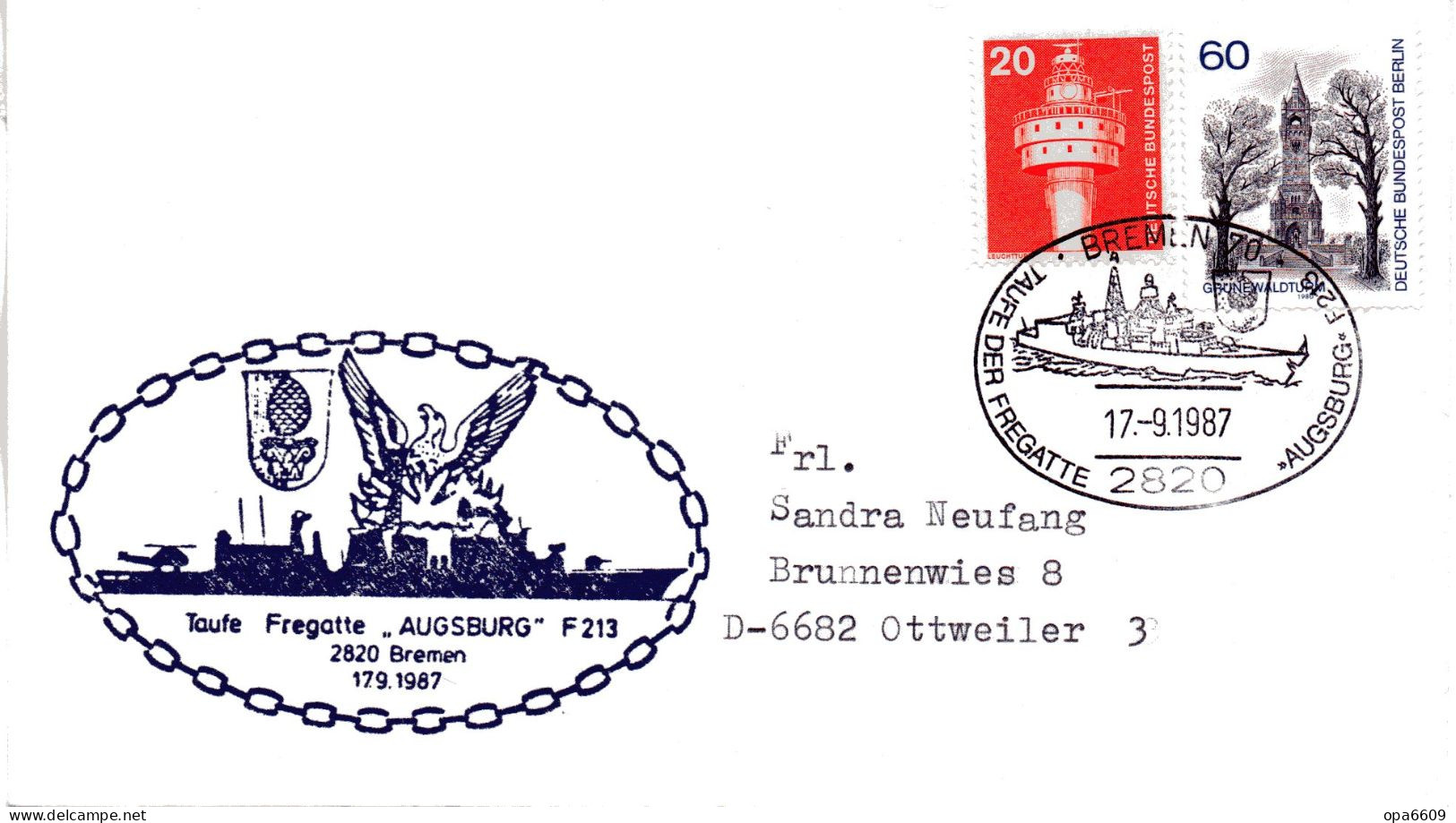 (Freg3) BRD Cachetumschlag FREGATTE "AUGSBURG" F213  TAUFE" MiF BRD/BERLIN SSt 17.9.87 BREMEN - Ships