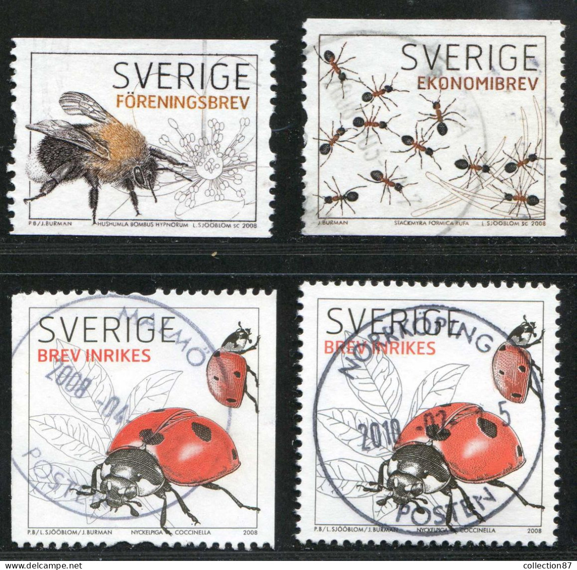 Réf 77 < SUEDE Année 2008 < Yvert N° 2606 à 2608 + 2608a Ø Used < SWEDEN < Insectes > Coccinelle Et Bourdon - Gebraucht