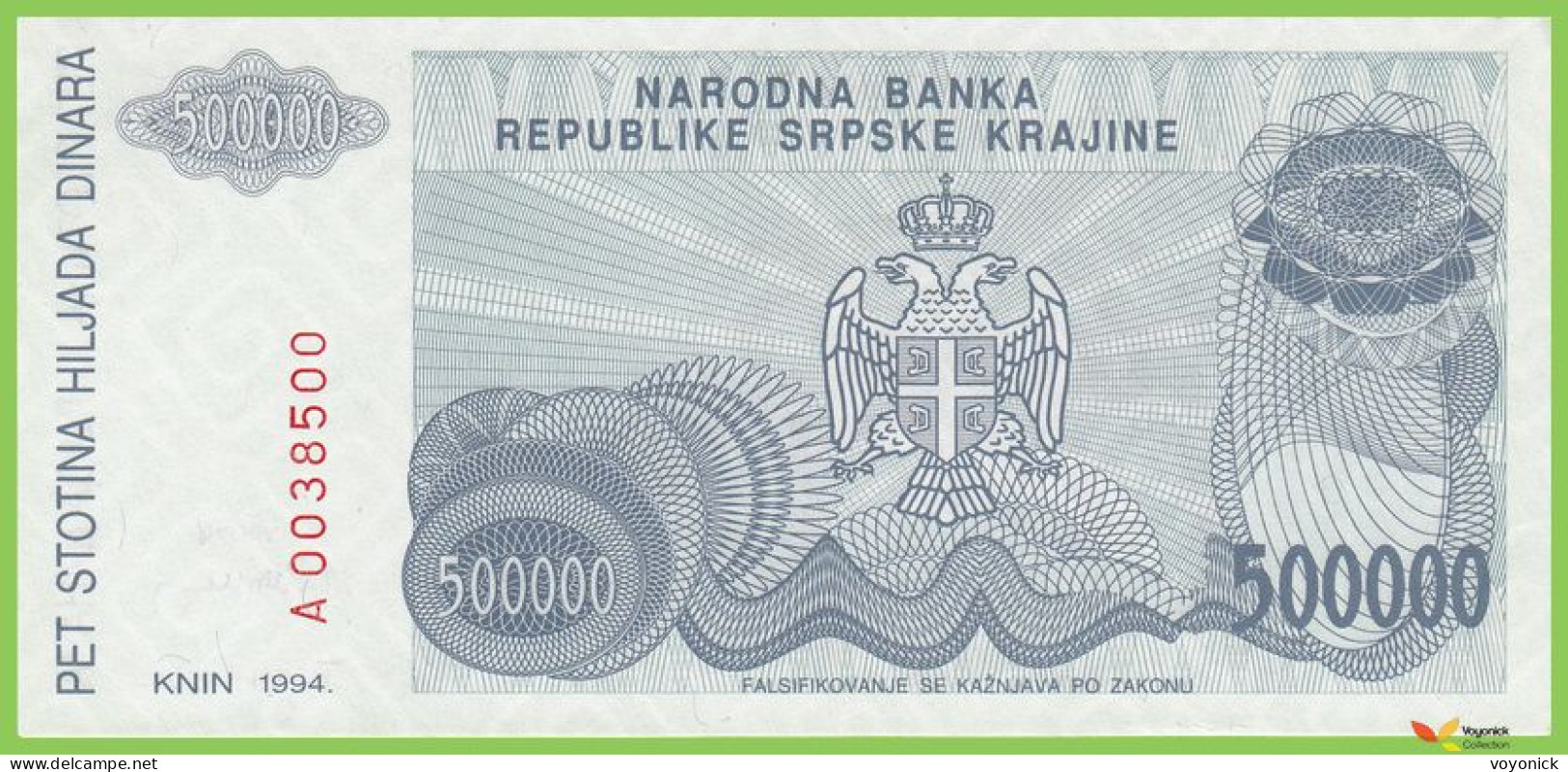 Voyo CROATIA - SPRSKA KRAJINA 500000 Dinara 1994 PR32a B226a A UNC - Kroatië