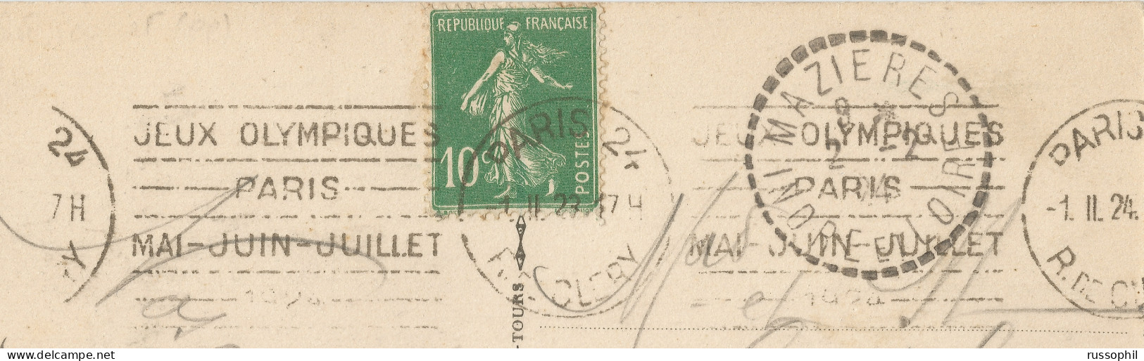 FRANCE - KRAG DEPARTURE PMK "PARIS 24 JEUX OLYMPIQUES" ON FRANKED PC (VIEW OF PARIS) TO MAZIERES (37) - 1924 - Summer 1924: Paris