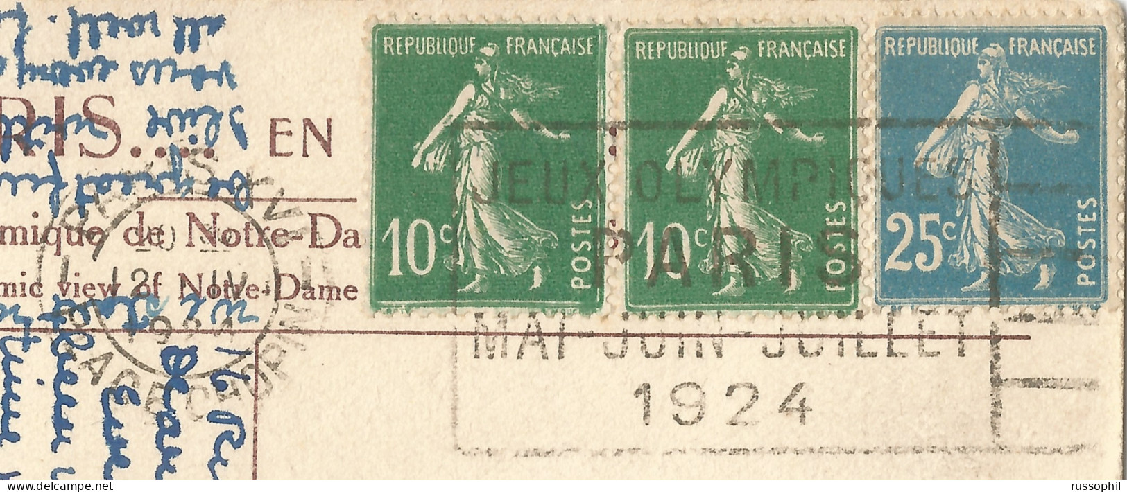 FRANCE - FLIER DEPARTURE PMK "PARIS XVI JEUX OLYMPIQUES" ON FRANKED PC (VIEW OF PARIS) TO THE UK - 1924 - Estate 1924: Paris