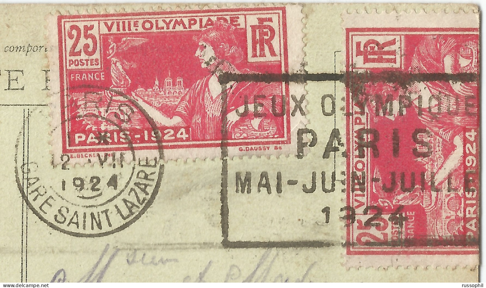 FRANCE - FLIER DEPARTURE PMK "PARIS GARE SAINT LAZARE / JEUX OLYMPIQUES" ON FRANKED PC (VIEW OF PARIS) TO GELGIUM - 1924 - Sommer 1924: Paris