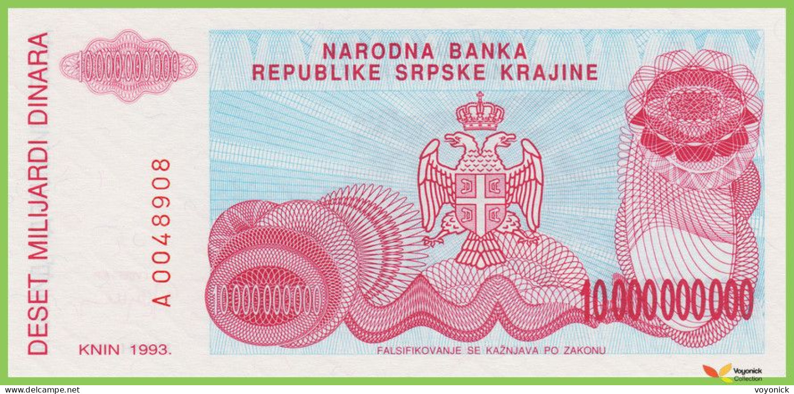 Voyo CROATIA - SPRSKA KRAJINA 10000000000 Dinara 1993 PR28a B222a A UNC - Croatia