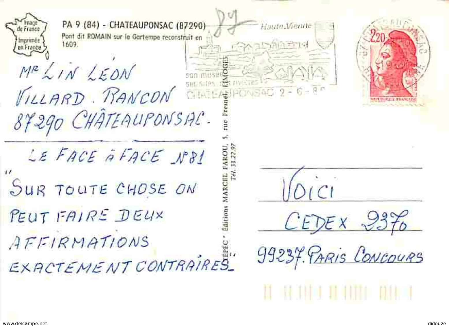 87 - Chateauponsac - Le Pont Dit Romain - Flamme Postale - CPM - Voir Scans Recto-Verso - Chateauponsac