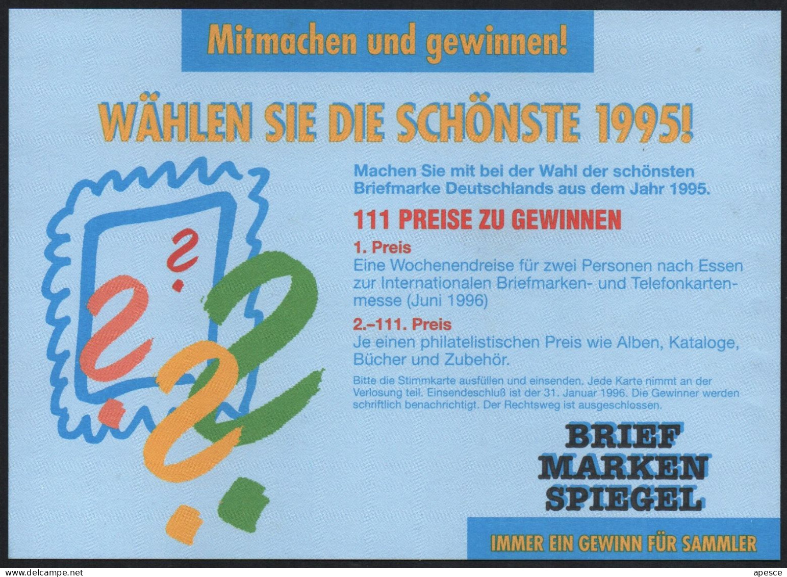 GERMANY 1996 - PHILATELIC CONTEST: "VOTE FOR THE MOST BEAUTIFUL GERMAN STAMP OF 1995" - MINT - I - Sonstige & Ohne Zuordnung