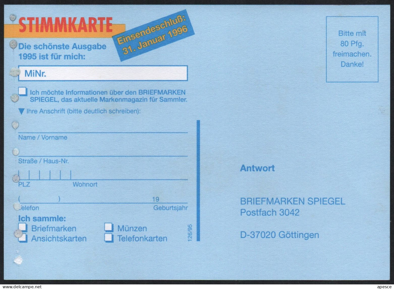 GERMANY 1996 - PHILATELIC CONTEST: "VOTE FOR THE MOST BEAUTIFUL GERMAN STAMP OF 1995" - MINT - I - Autres & Non Classés