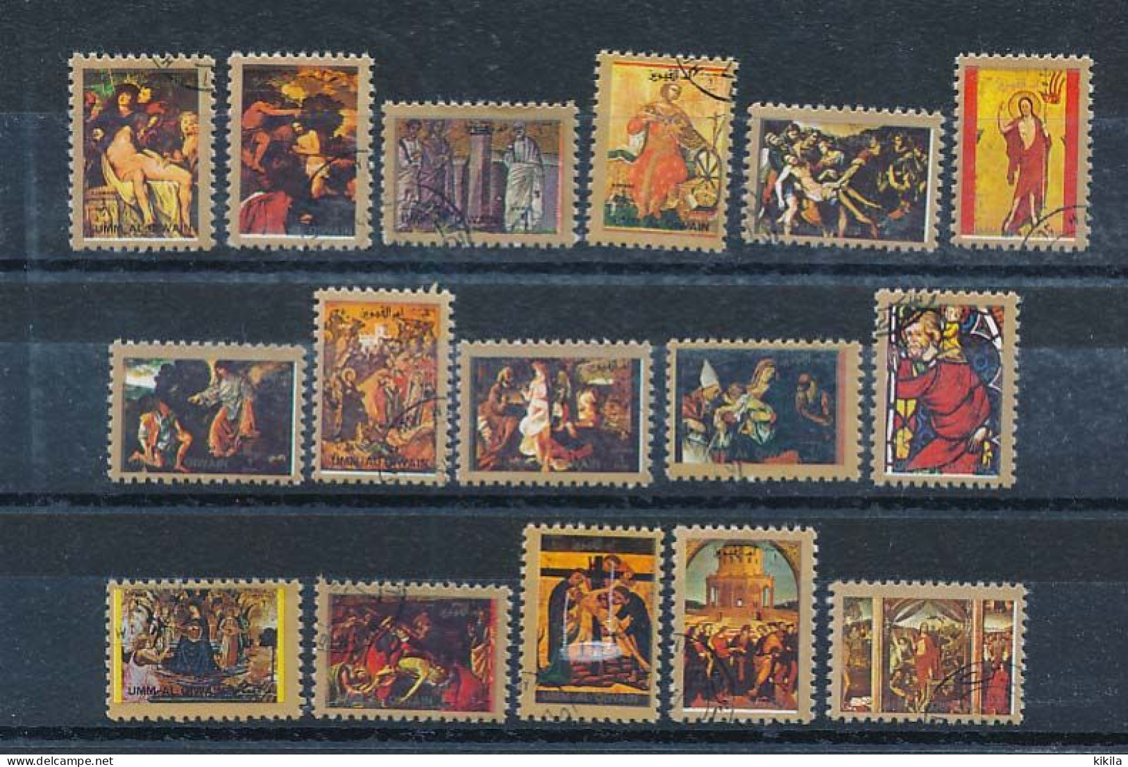 16 Mini Timbres Oblitérés UMM AL QIWAIN XIII-12 Tableaux, Peintures Sur La Vie De Jésus Christ (2)  Religieux - Religieux