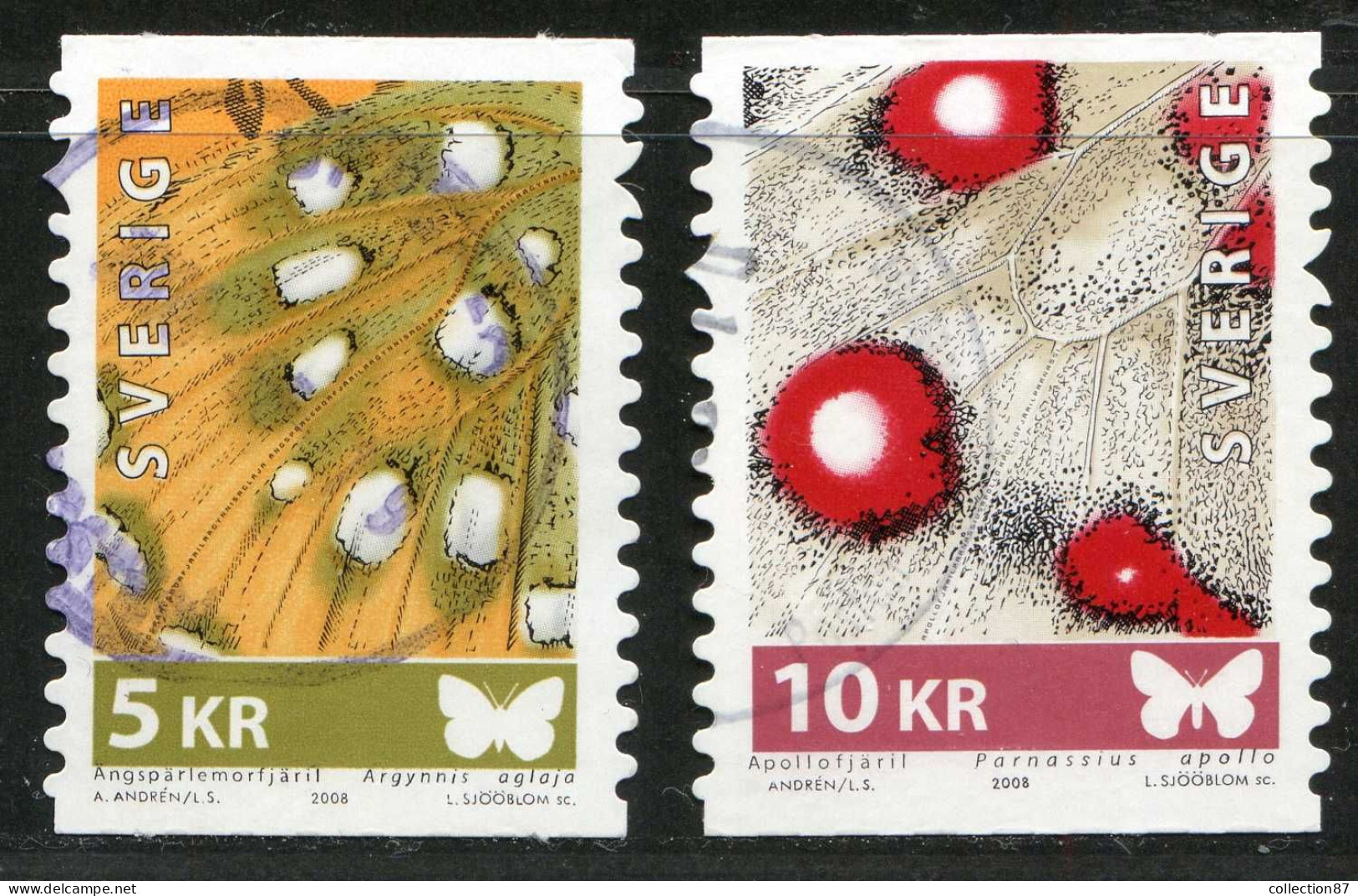 Réf 77 < SUEDE Année 2008 < Yvert N° 2632 + 2633  Ø Used < SWEDEN < Papillon Nacré + Apollon > Détail Aile - Oblitérés