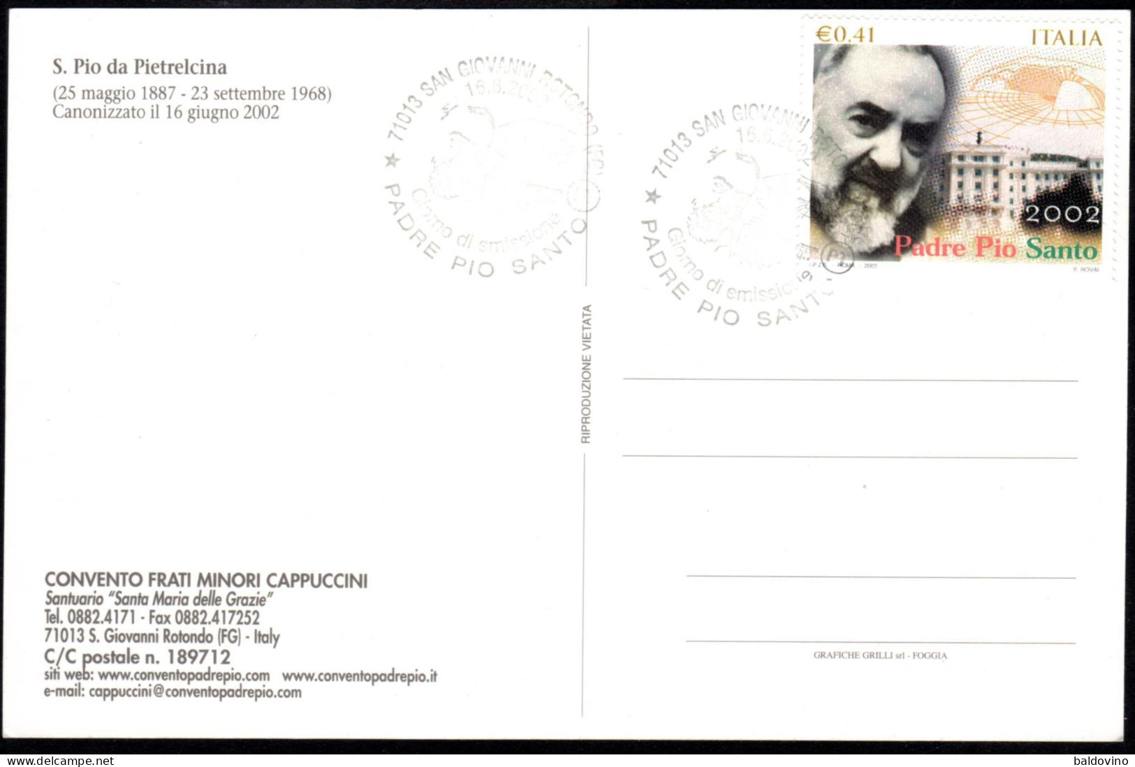 Italia 2002 Padre Pio Santo + Cartolina Viaggiata 1988 - 2001-10: Marcophilia