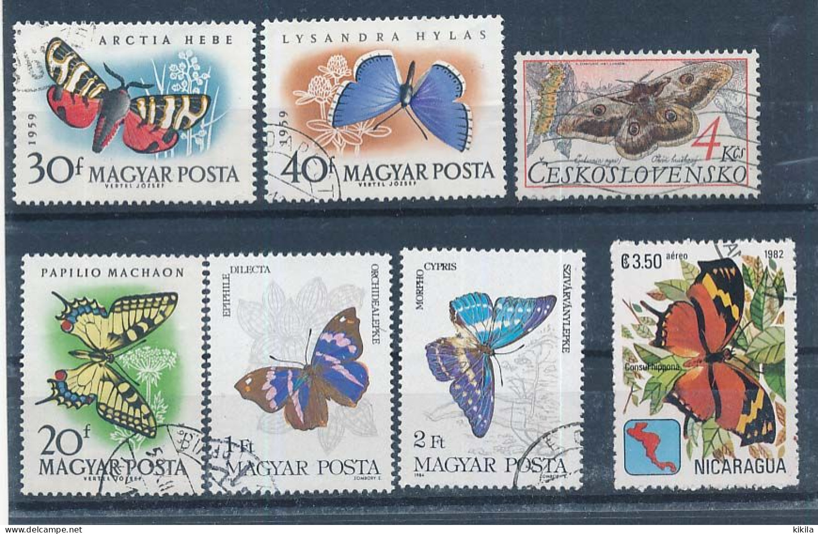 7 Timbres Oblitérés PAPILLONS  Hongrie Tchécoslovaquie  Nicaragua XI-3 - Schmetterlinge