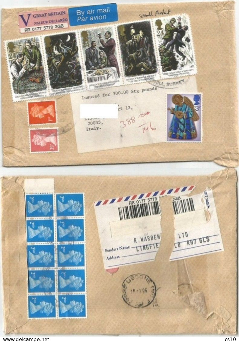 UK Britain £.300.00 Insured Small Airmail Packet CV Lingfield 12jan1995 X Italy Franked 18stamps Incl Sherlock Holmes - Covers & Documents
