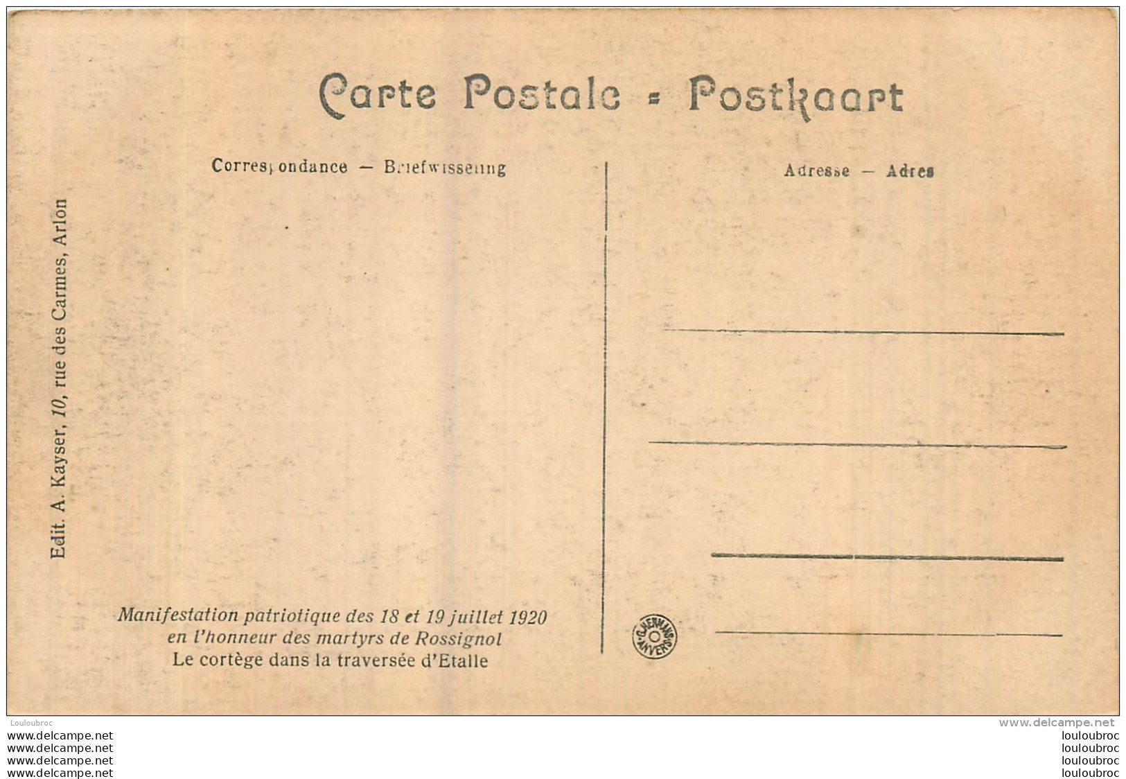 ETALLE TRAVERSEE MANIFESTATION PATRIOTIQUE 1920 EN L'HONNEUR DES MARTYRS DE ROSSIGNOL - Etalle