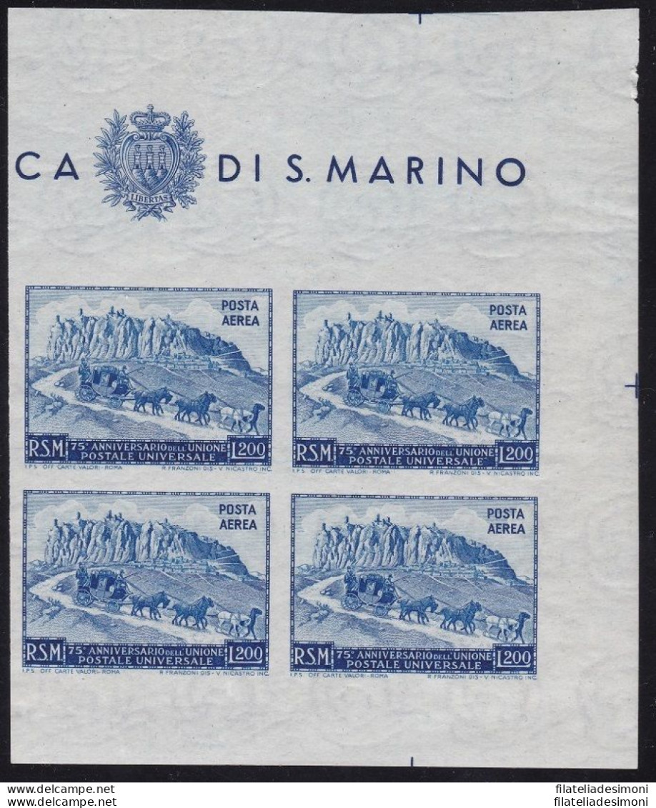 1951 SAN MARINO, UPU , Posta Aerea , N°  96 Lire 200 Azzurro ND MNH** QUARTINA - Sonstige & Ohne Zuordnung