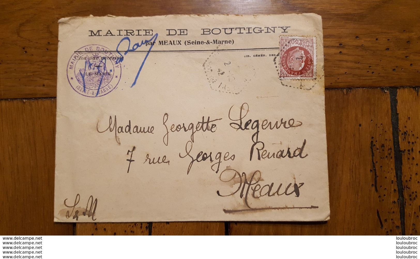 ENVELOPPE ET TIMBRE PETAIN 1942  CACHET MAIRIE DE BOUTIGNY SEINE ET MARNE ET CACHET EXAGONAL - 1941-42 Pétain